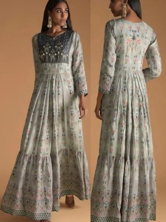 KALKI Dresses & Skirts - Kalki Cloud Grey Cotton Silk Beaded Embroidered Maxi Dress L Gown India  Boho